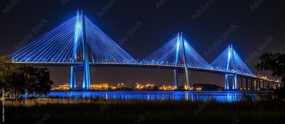 Fototapeta premium Illuminated cable-stayed bridge at night, captivating waterscape and striking skyline