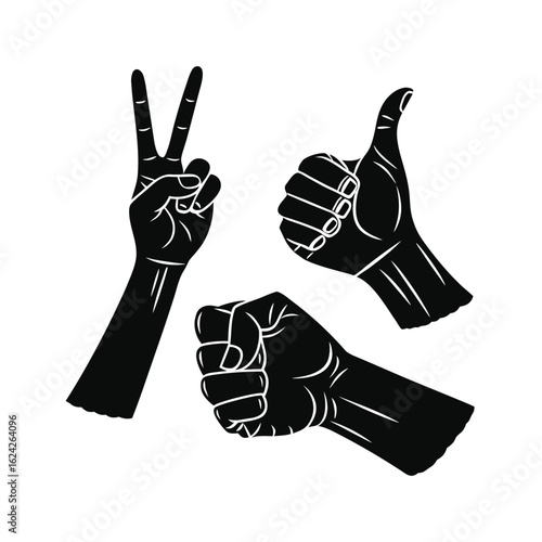 "A Collection of Expressive Hand Gestures: Peace Sign, Thumbs Up, and Fist Symbolizing Communication, Positivity, and Strength"

