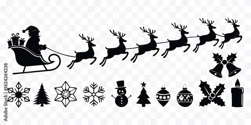 Naklejka premium Black and White Christmas Silhouettes Santa Sleigh and Reindeer Festive Decorations for Holiday Designs and Crafts