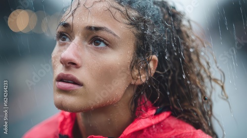 Athlete getting drenched in rain during workout, looking up with hope