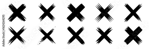 Hand-drawn black X marks collection, brush stroke crosses. Set of ten textured cross symbols isolated on white. Grunge style design elements drawn with marker pen. Graphic illustration set.