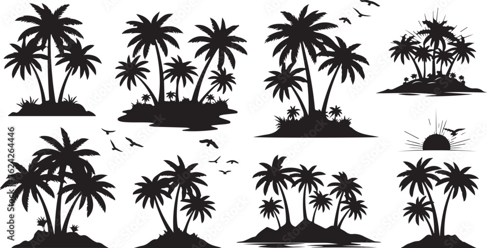 Fototapeta premium Collection of Silhouette Palm Tree Islands and Flying Birds on White Background tropical