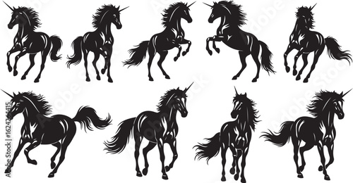 Collection of black silhouette unicorns in various poses on white background horse