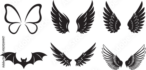 Wallpaper Mural Collection of Six Black Silhouette Wing Designs Including Butterfly, Bat, and Feathered Wings on White Background Torontodigital.ca