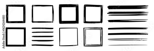 Hand-drawn doodle collection of square frames and horizontal brush strokes. Black ink marker pen illustrations on white background. Design elements set for borders, underlines, and decorative graphics