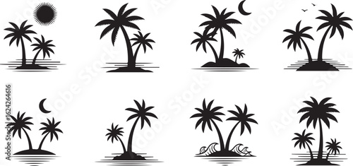 Eight Silhouette Palm Trees On Islands With Sun Moon And Waves tropical beach