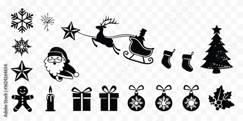 Festive Christmas Icons and Elements in Black and White for Holiday Designs and Celebrations