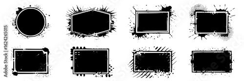 Grunge splatter frame collection: Black ink splash, circle, hexagon, rectangle, square shapes. Paint splatter, textured borders and distressed halftone. Vector design elements set for labels, logos, b