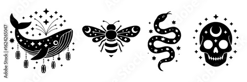 Mystical celestial vector collection: whale, bee, snake, skull with stars, moons, crystals. Black and white graphic set of occult, esoteric, spiritual symbols. Monochrome design elements for tattoo, l