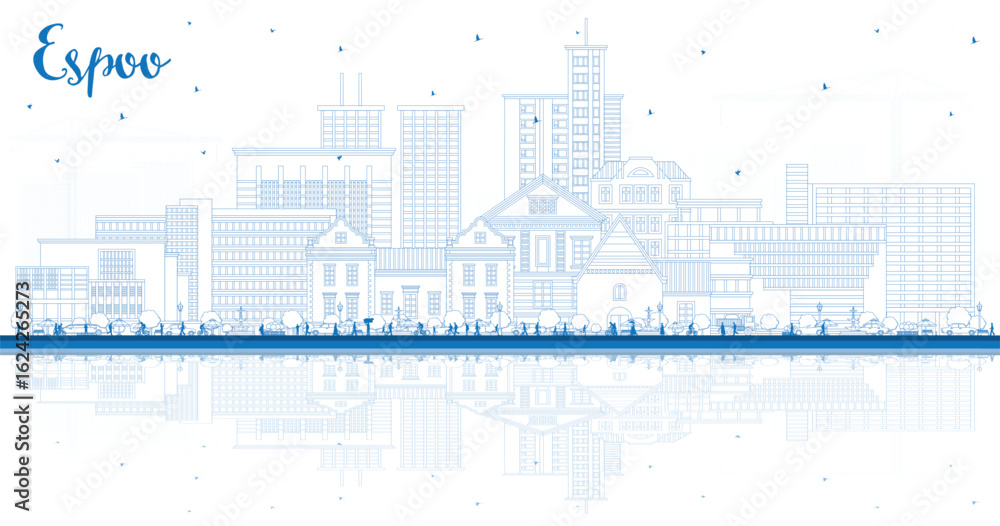 Obraz premium Outline Espoo Finland city skyline with blue buildings and reflections. Espoo cityscape with landmarks. Business travel and tourism concept with modern and historic architecture.