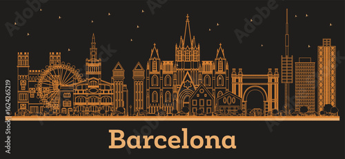 Outline Barcelona Spain City Skyline with orange Buildings. Business Travel and Tourism Concept with Historic Architecture. Barcelona Cityscape with Landmarks.