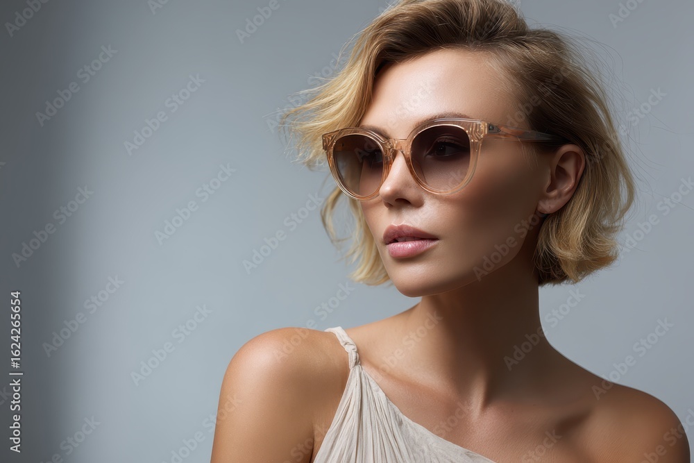 Beautiful young woman in elegant sunglasses showcases modern fashion in a chic indoor setting during daylight Beautiful young woman in elegant sunglasses showcases modern fashion in a chic indoor setting during daylight