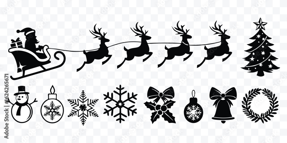 Fototapeta premium Festive Christmas Silhouette Collection Featuring Santa Reindeer Tree and Holiday Icons Perfect for Winter Season