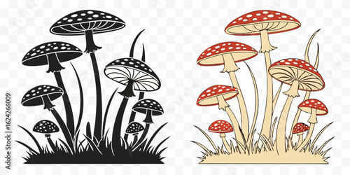 Charming Mushroom Forest Illustration in Two Styles Black and White and Color Vector Graphic Ideal for Decoration