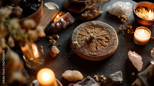 Mystical setup with lit candles, crystals, dried flowers around carved stone plate