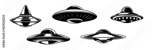 Monochrome vector set of six UFO illustrations. Collection of flying saucers in various shapes, featuring circular and conical designs with lights and details. Sci-fi, alien, and space-themed design e