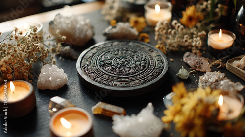Autumn dried flowers, crystals, and carved plate on dark surface with cozy vibe