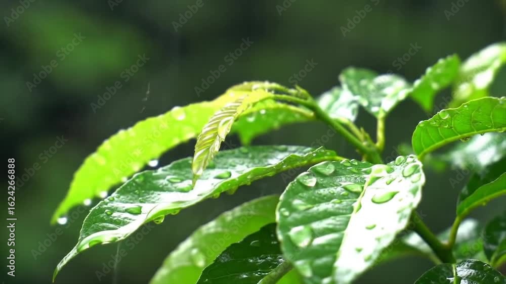 Close-up of vibrant green leaves in gentle rain shower. Wet foliage with soft blurred background. Serene nature shot with raindrops. Close-up of vibrant green leaves in gentle rain shower. Wet foliage with soft blurred background. Serene nature shot with raindrops.