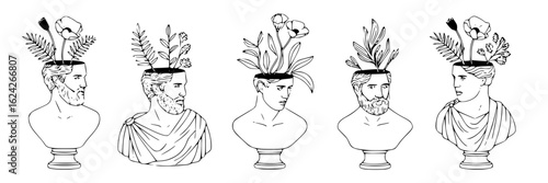 Hand-drawn collection of male Roman busts with flowers and plants. Monochrome line art illustration of antique statues as plant pots. Vector set of five decorative elements, philosophy, creativity, gr