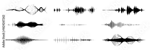 Set of nine black and white vector sound wave illustrations. Collection of diverse audio waveform graphics, music vibrations, voice and speech patterns. Design elements for podcast, music app, or soun