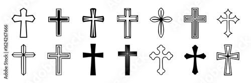 Set of Christian cross icons. Vector illustration of various cross shapes: Latin, Greek, Celtic, Orthodox,  black and white, line art, religious symbols. Collection for faith-based designs.