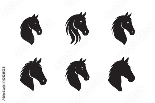 Horse Head Silhouette Vector Set in Minimal Black and White Style