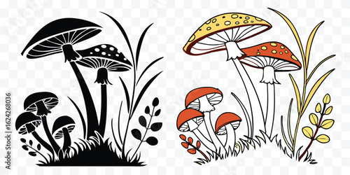 Whimsical Mushroom Illustration in Black and White and Color Featuring Toadstools and Grass a Vector Graphic for Nature Lovers and Forest Themed Designs