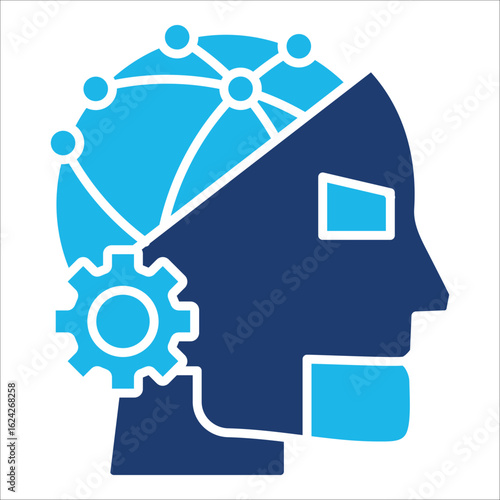 Cyborg Icon In Blue Monochrome Flat Design, Vector Illustration