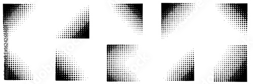 Monochrome halftone dot pattern collection. Black circles on white background. Gradient dotted squares set. Vector stipple design elements for backgrounds, textures, and graphic design. Various shades