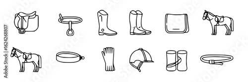Horse riding equipment and tack icons collection: saddle, bridle, boots, gloves, helmet, saddle pad, horse, bit, riding boots, leg wraps, girth. Simple black and white line art vector graphic icon set