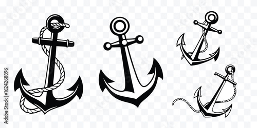 Classic Black and White Anchor Illustrations for Maritime and Nautical Themes Design Elements for Projects Related to Boating