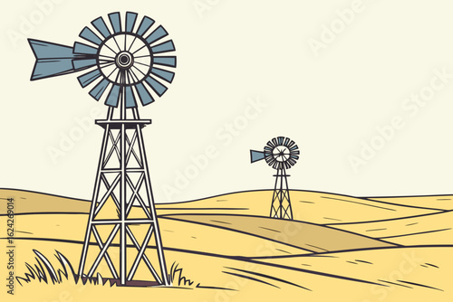 Catch a glimpse of vintage windmills turning in North Dakota fields, modern flat illustration style