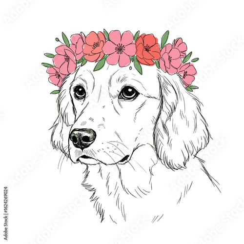 Dog wearing a flower crown in a whimsical illustration style  