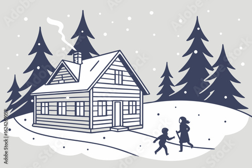 Catching snowflakes outside a Ukrainian mountain cabin, modern flat illustration style