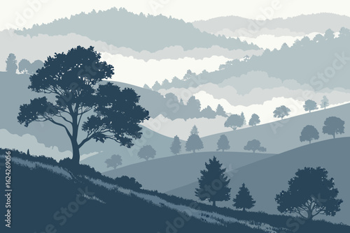 Catch fog rolling over the hills of Transylvania in Romania, modern flat illustration style