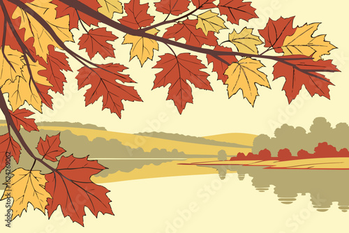 Catch reflections of autumn leaves in a Moldovan lake, modern flat illustration style