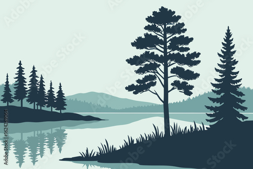 Catch reflections of pine trees on crystal-clear Minnesota lakes, modern flat illustration style