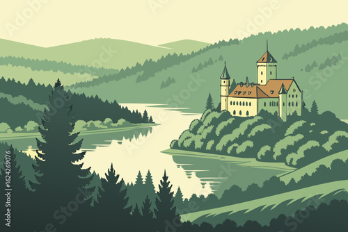 Catch reflections of castles on still waters in Czechia, modern flat illustration style