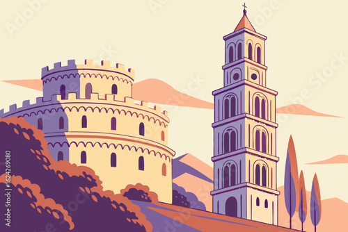 Catch the golden hour illuminating ancient towers in Luxembourg, modern flat illustration style