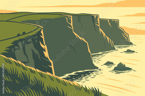 Catching the first light over Ireland’s Cliffs of Moher, modern flat illustration style