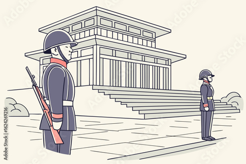 Ceremonial guards at a national monument in North Korea, modern flat illustration style