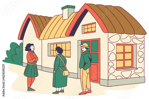 Chatting with locals outside a rural Ireland shop, modern flat illustration style