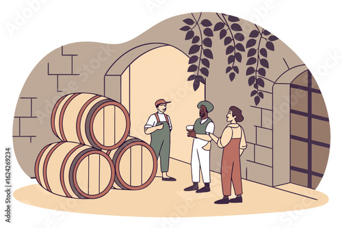 Chat with winemakers in a rustic Moldovan wine cellar, modern flat illustration style