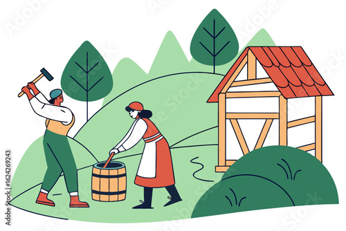 Chat with local artisans at Czech open-air museums, modern flat illustration style