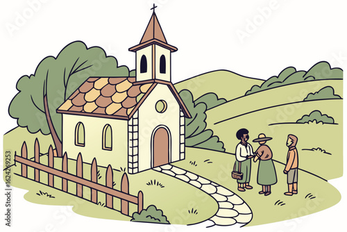 Chat with locals near a rural Romanian churchyard, modern flat illustration style