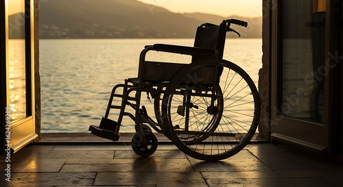 Wheelchair with scenic ocean view at sunset, an evocative image of loneliness and hope, Wheelchair parked at a beautiful coastline evokes the struggle with immobility