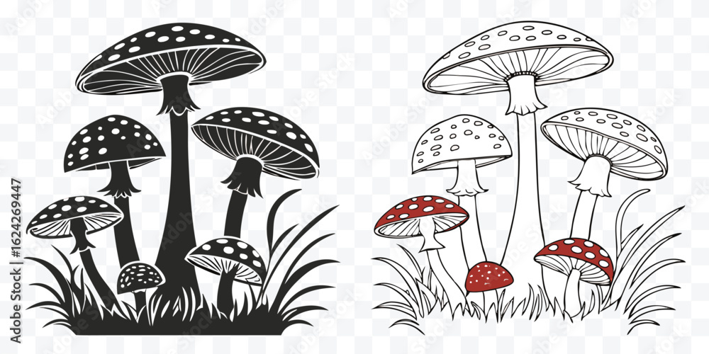 Naklejka premium Amanita Mushroom Vector Illustration in Black and White Line Art Style with Natural Grass Detail on Transparent Background