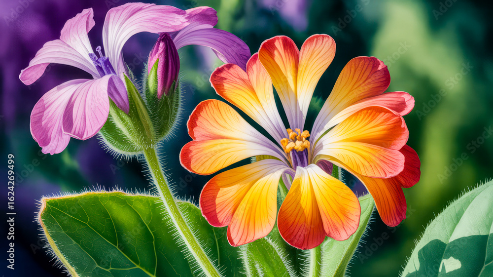 Obraz premium Delicate pink and orange flowers with green leaves