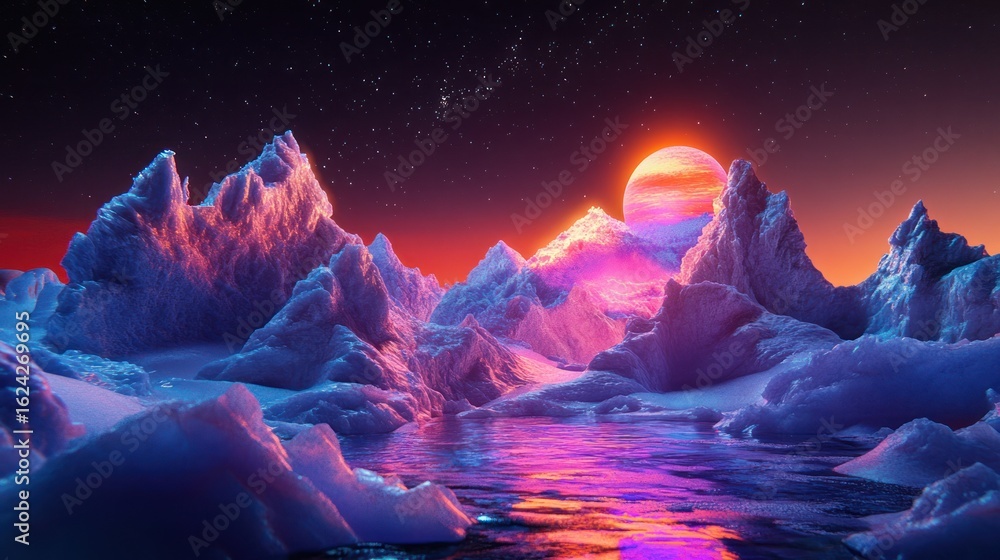 Fototapeta premium Surreal Frozen Landscape with a Distant Planet and Starlit Night Sky