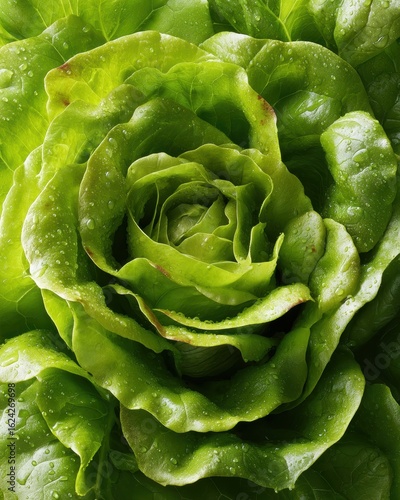 Fresh Green Lettuce Close-Up with Dew Drops Showcasing Crisp Vibrant Leaves Texture